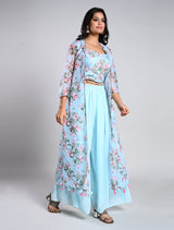 Elegant Blue Crop Top Palazzo Set with Long Jacket