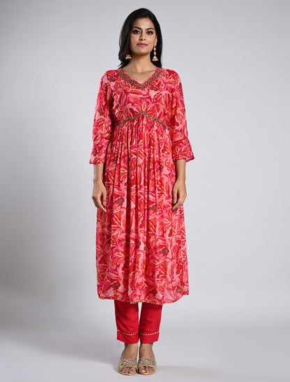 Pink Printed Alia Cut Kurti Set