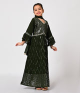 Olive Green Aliacut salwar Kameez Set for Girls