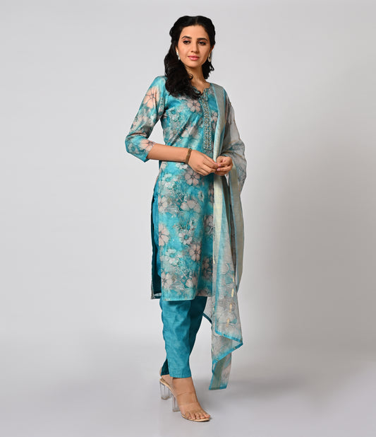 Floral Blue Digital Printed Straight Cut Salwar Kameez Set with Dupatta