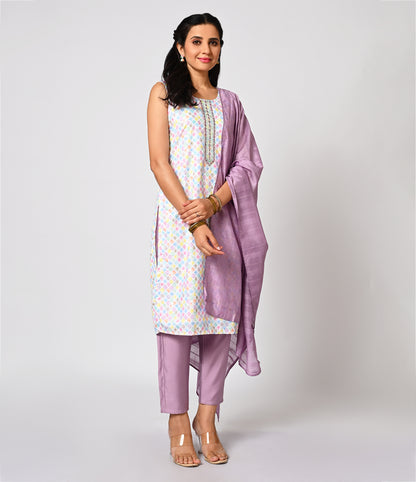 Multicolored White Straight Cut Kurti with Lilac Dupatta