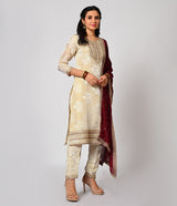 Elegant Half White Jacquard Straight Cut Set with Contrast Dupatta