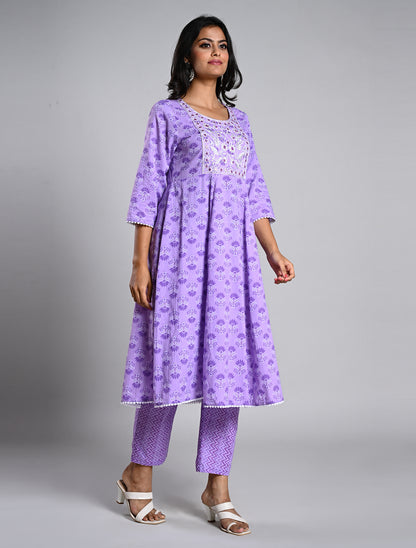 Lilac Anarkali Printed Cotton Kurti Set with Dupatta