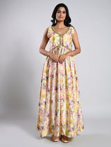 Elegant Yellow Floral Printed Alia Cut Gown