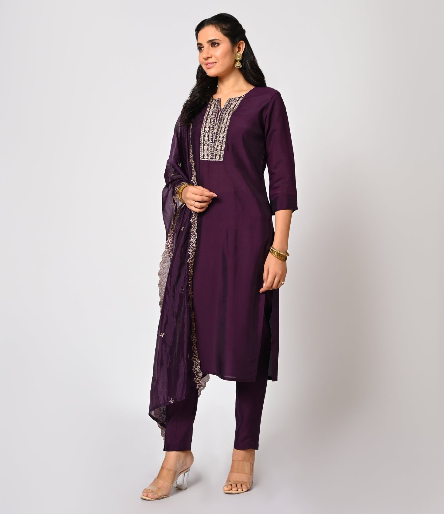 Purple Straight Cut Salwar Kameez Set with Organza Dupatta