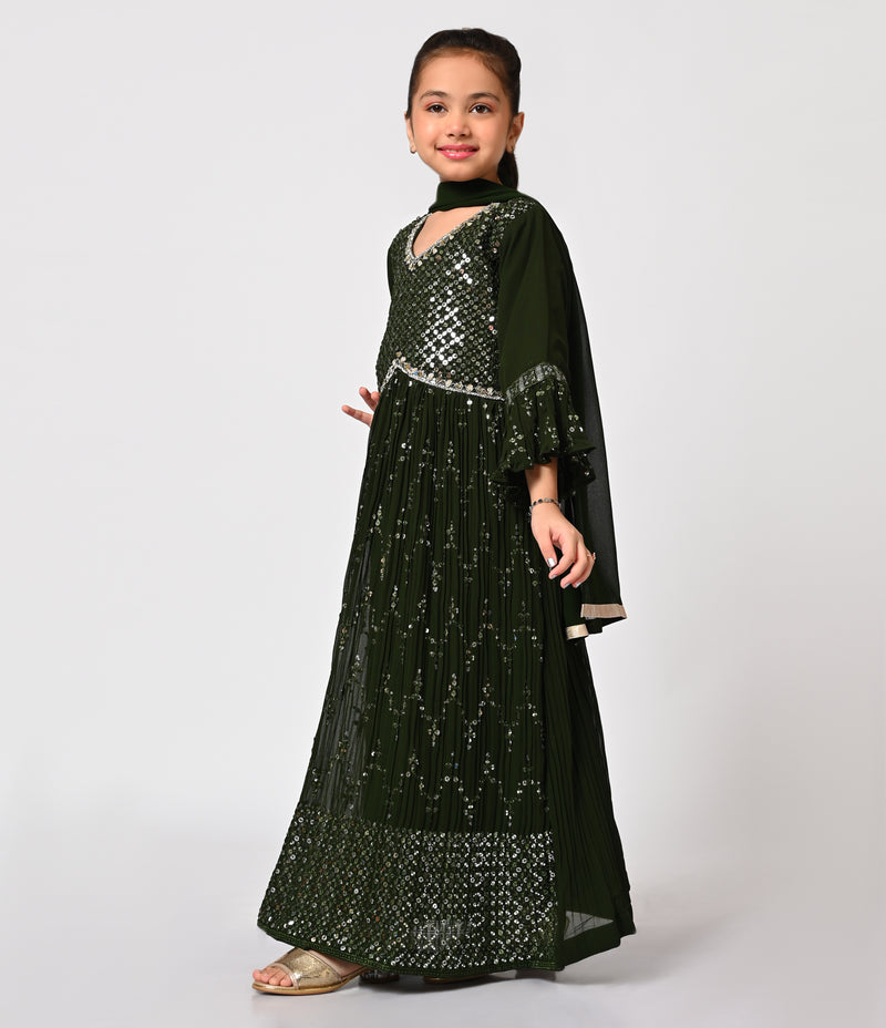 Olive Green Aliacut salwar Kameez Set for Girls