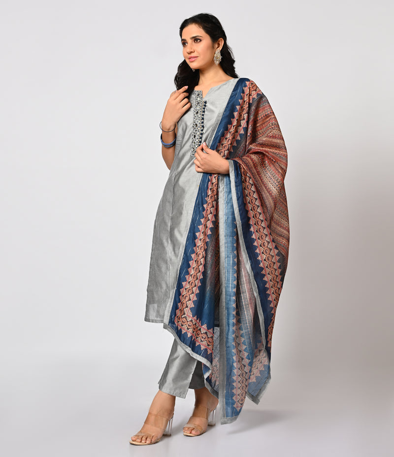 Silk Grey Straight Cut Set with Contrast Digital Print Dupatta