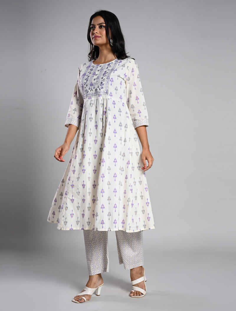 Elegant White Jaipur Cotton Printed Kurti Set with Dupatta