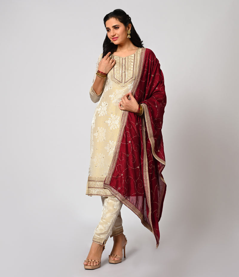 Elegant Half White Jacquard Straight Cut Set with Contrast Dupatta