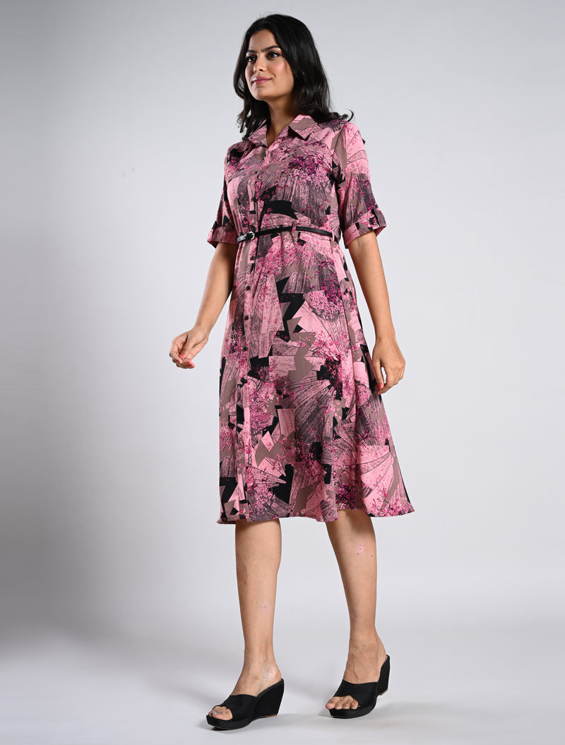 Pink Printed Collar Neck Kurti with Belt