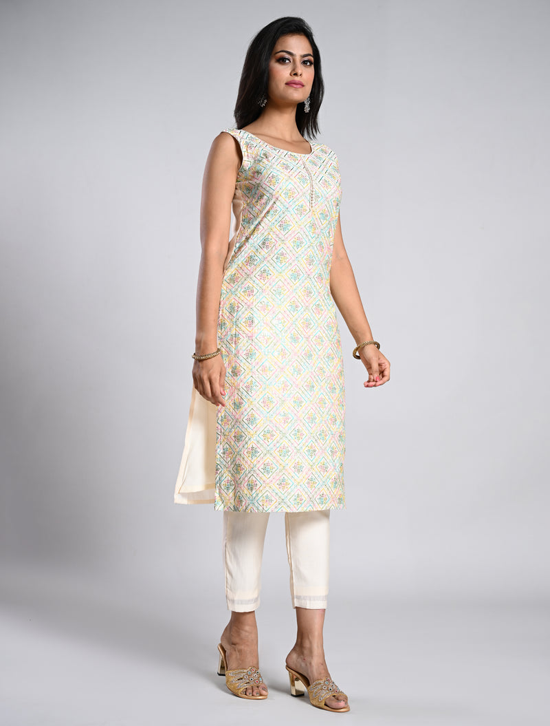 Elegant White Straight Cut kurti Set with Multicolored Dupatta