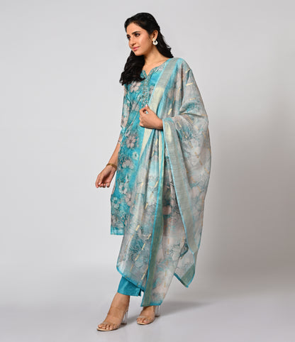 Floral Blue Digital Printed Straight Cut Salwar Kameez Set with Dupatta