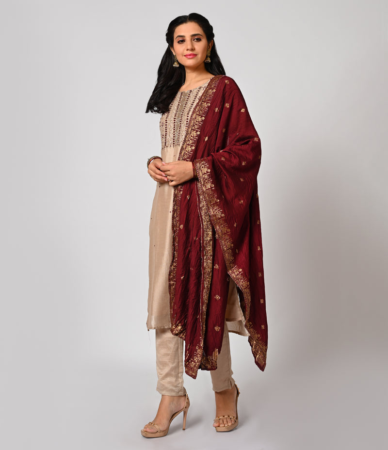 Beige Straight Cut Set with Contrast Silk Dupatta