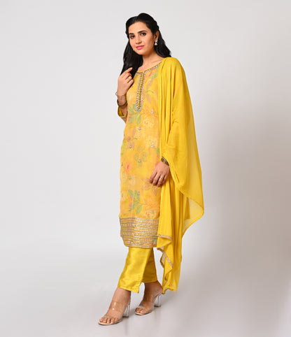 Printed Yellow Crepe Straight Cut Set with Dupatta