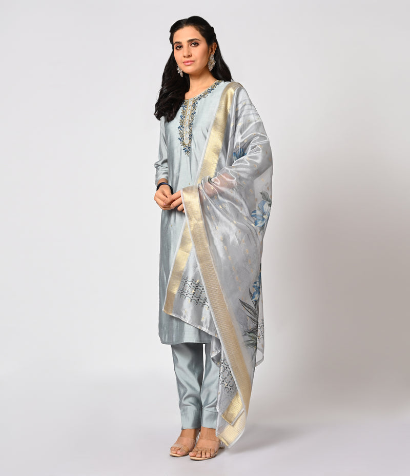 Elegant Grey Straight Cut Set with Contrast Printed Dupatta