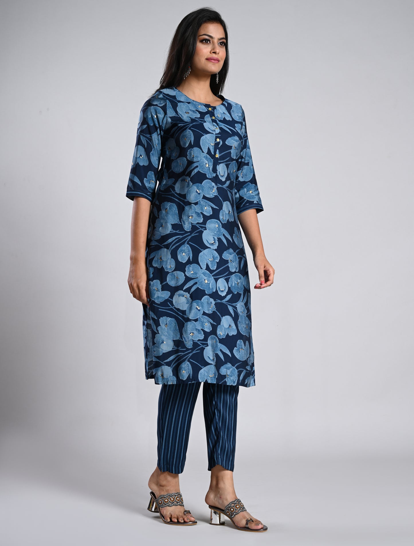 Navy Blue Floral Kurti Set in Rayon Muslin