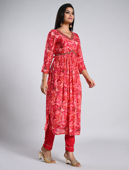 Pink Printed Alia Cut Kurti Set