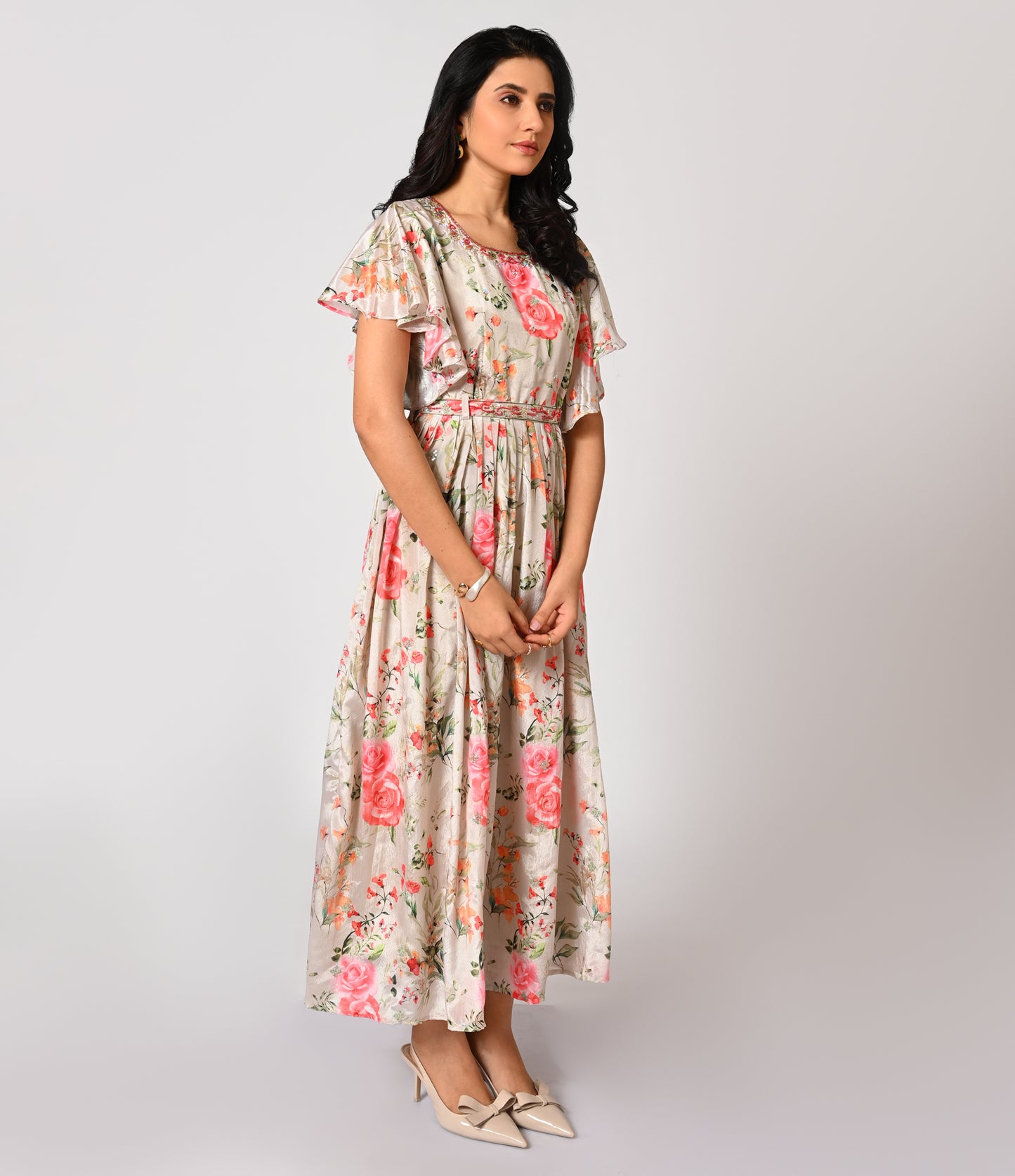 Pizza Green Snorril Printed Long Kurti with Flared Sleeves