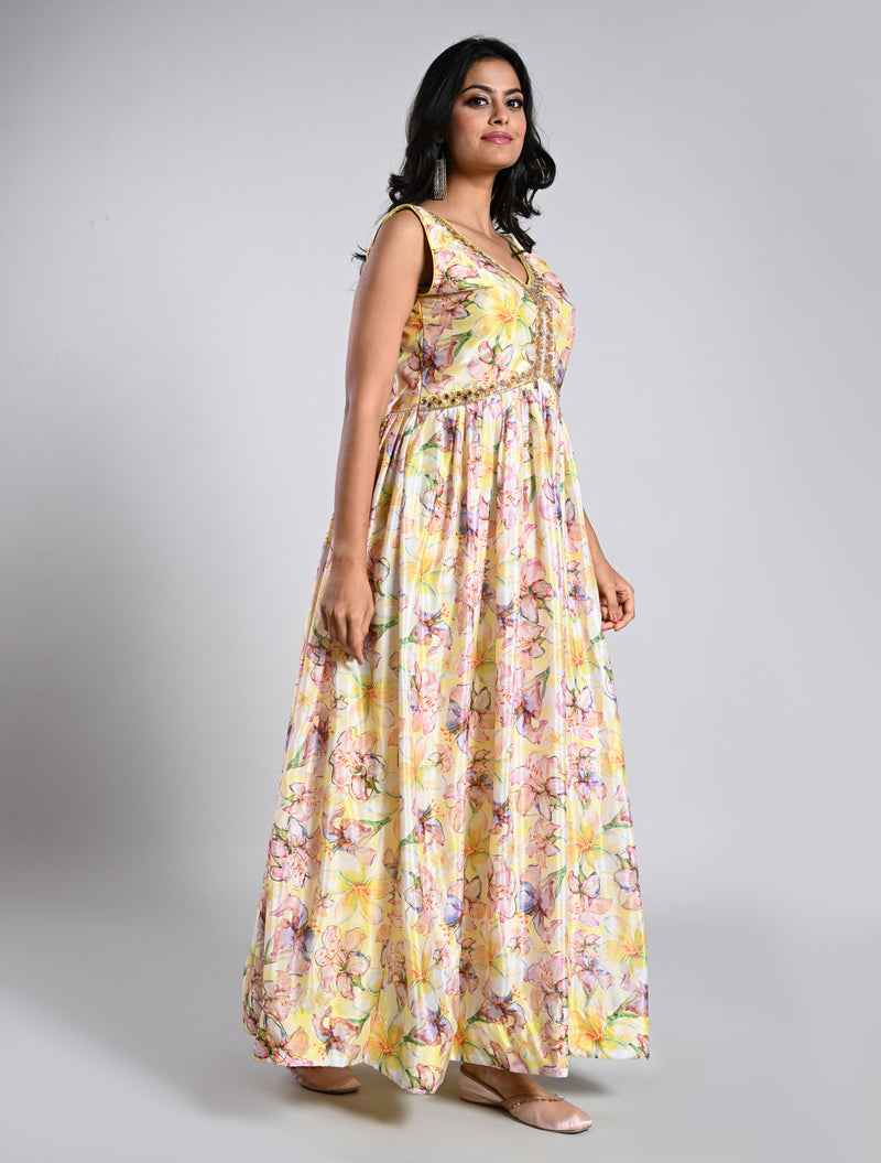 Elegant Yellow Floral Printed Alia Cut Gown