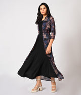 Black Western Gown with Digital Print Overcoat