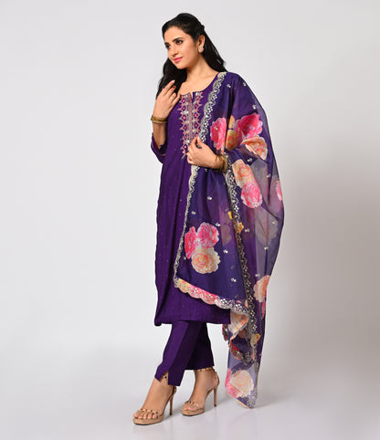 Elegant Violet Straight Cut Set with Organza Dupatta