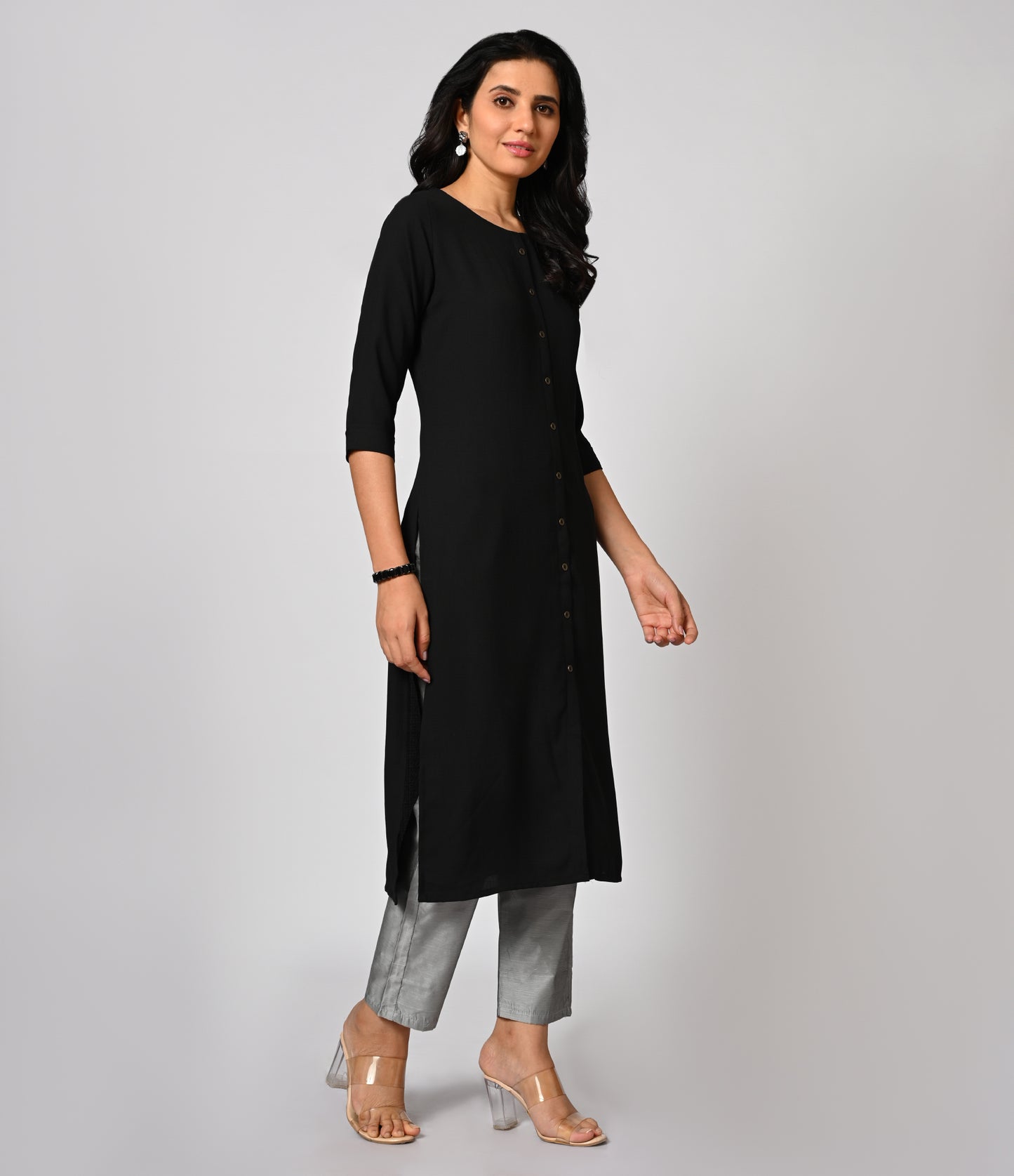 Solid Black Daily Wear Kurti with Buttons