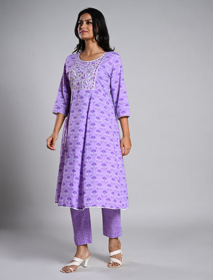 Lilac Anarkali Printed Cotton Kurti Set with Dupatta