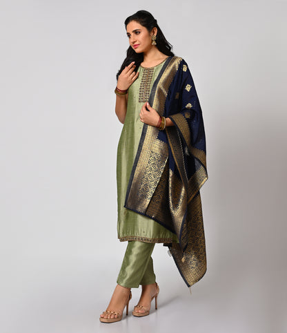 Dusty Green Straight Cut Set with Contrast Navy Blue Dupatta