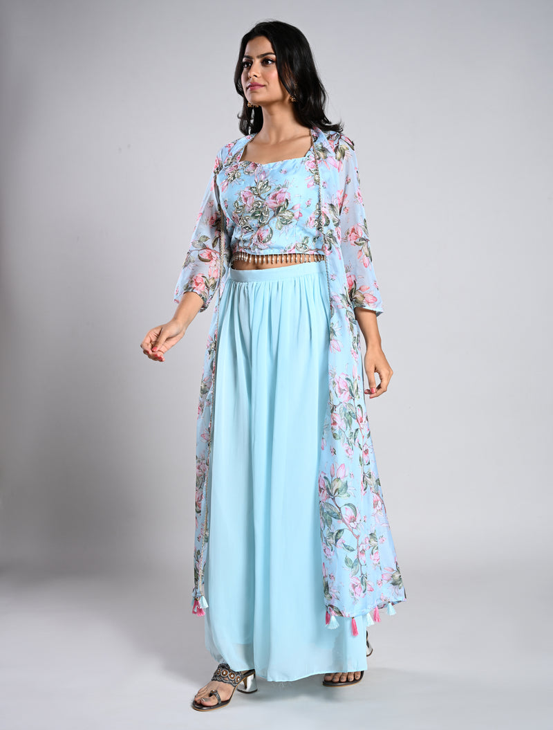 Elegant Blue Crop Top Palazzo Set with Long Jacket