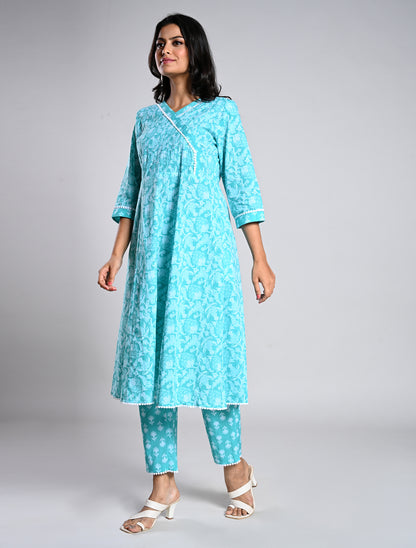 Turquoise Blue Anarkali Cotton Kurti Set with Dupatta