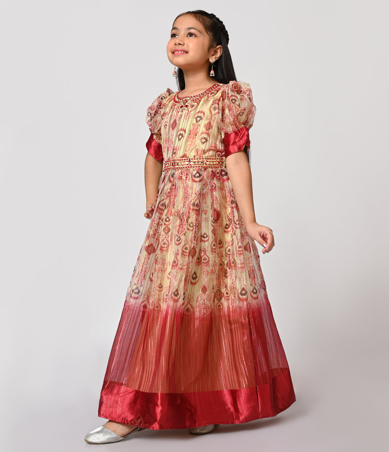 Cream and Brick Brown Party Wear Gown for Girls