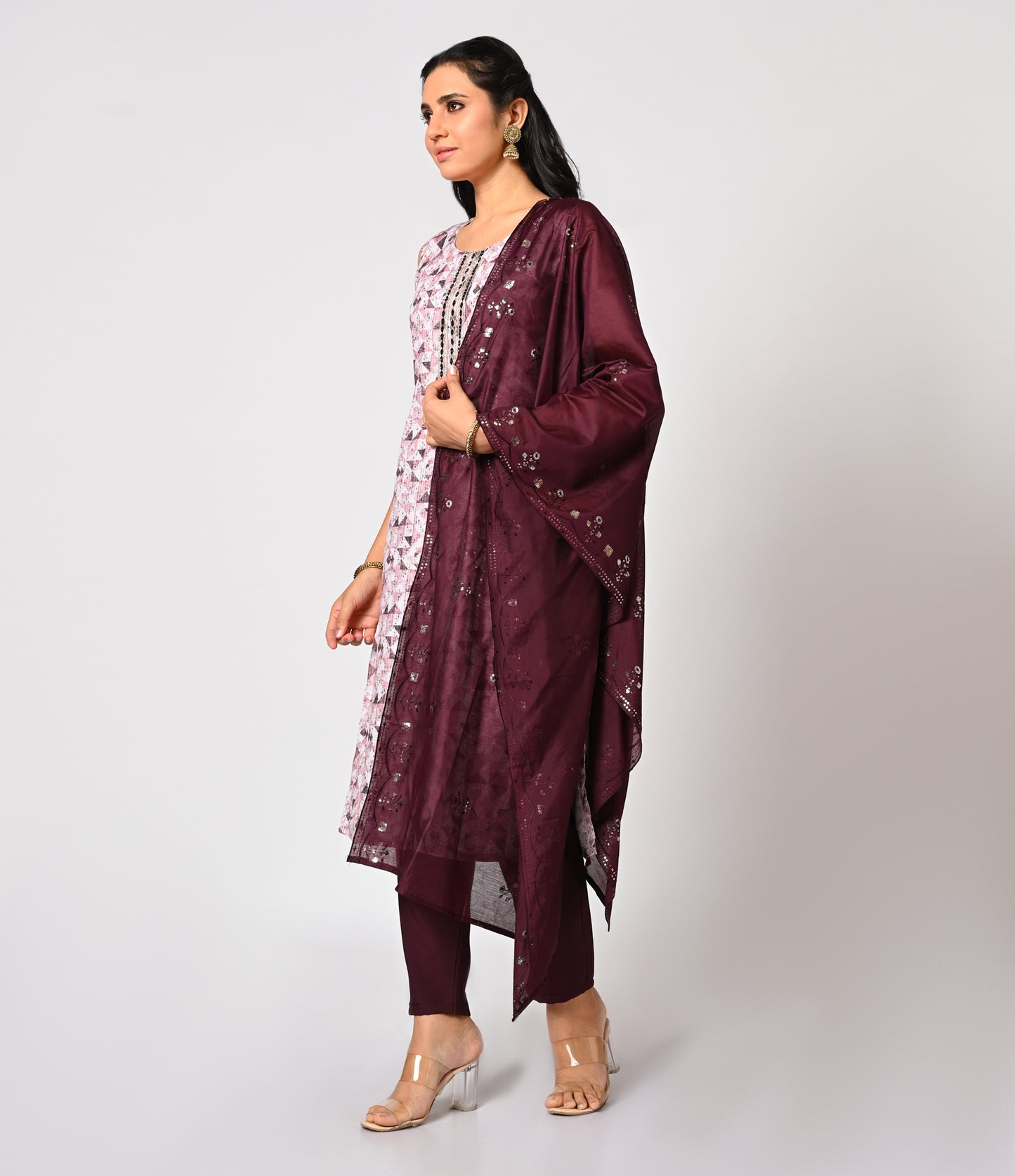 Geometric Print Straight Cut Set with Contrast Dupatta