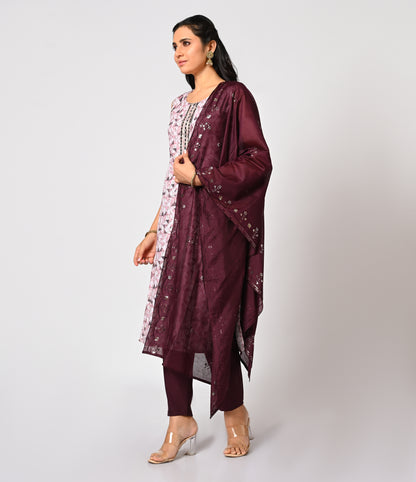 Geometric Print Straight Cut Set with Contrast Dupatta