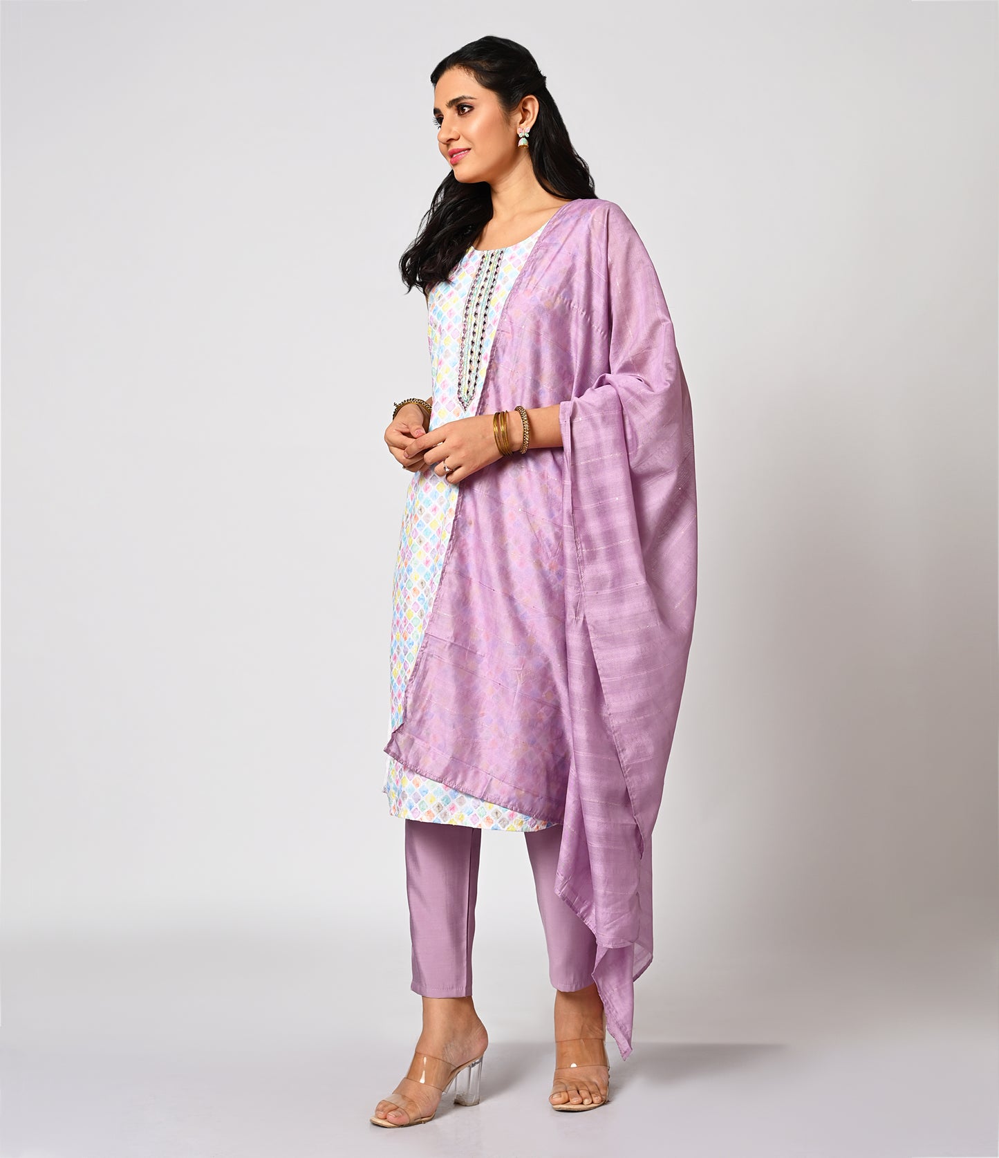 Multicolored White Straight Cut Kurti with Lilac Dupatta