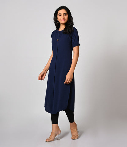 Solid Blue Crushed Fabric Kurti