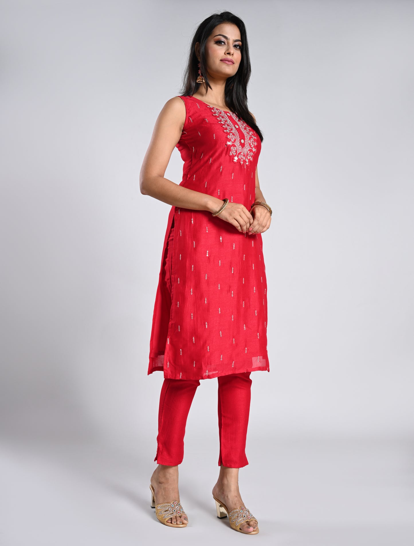 Festive Chilly Red Straight Cut Kurti Set