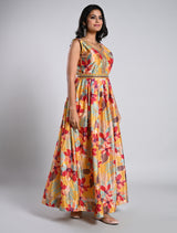 Mustard Floral Printed Festive Gown