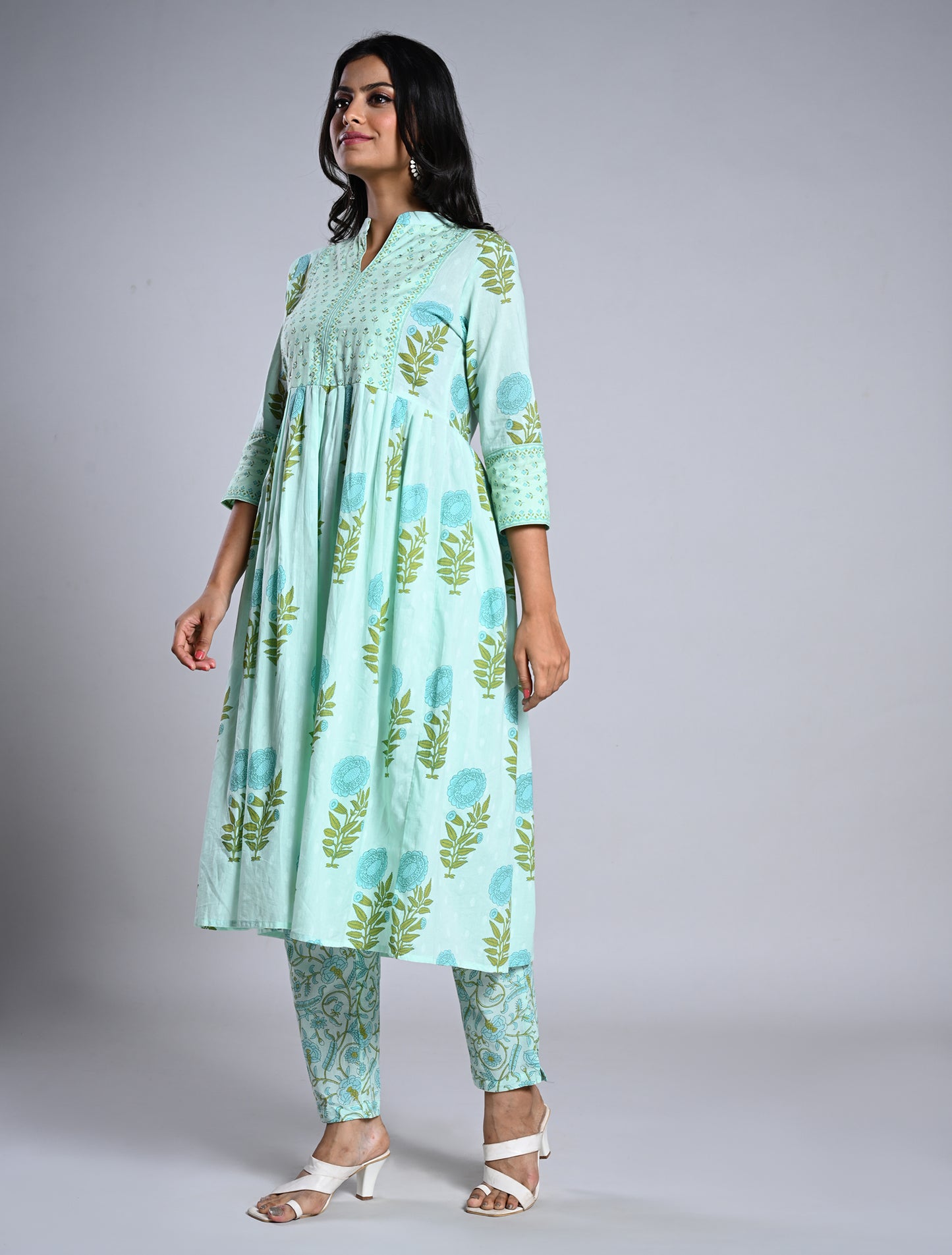 Mint Blue Anarkali Kurti Set with Dupatta