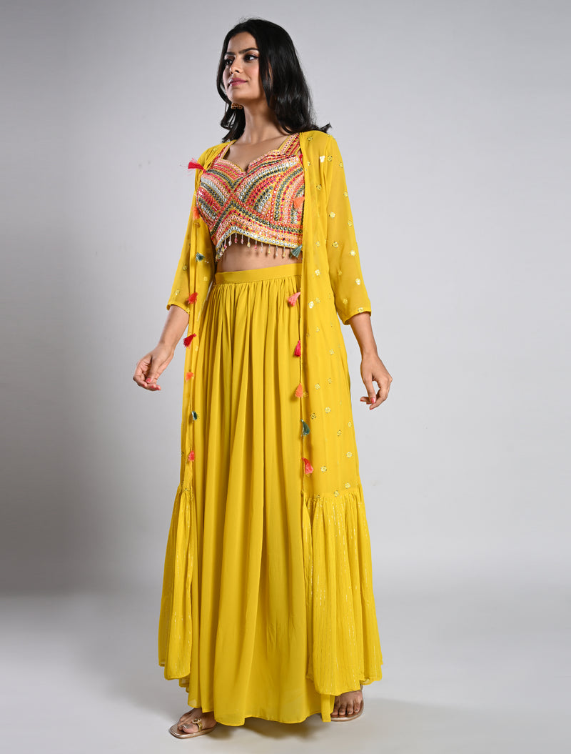 Yellow Crop Top Palazzo Set with Long Jacket