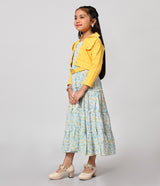 Yellow and Blue Floral Printed Frock with Jacket for Girls