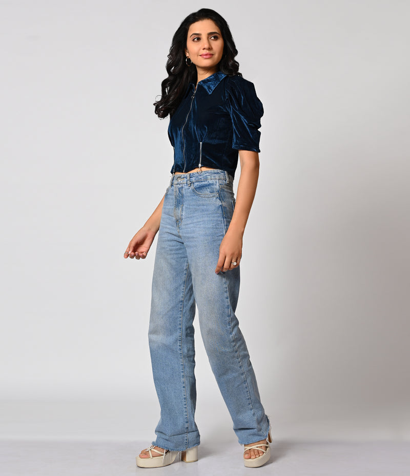 Velvet Blue Crop Top with Puffed Sleeves