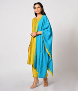 Lime Green Straight Cut Set with Contrast Blue Dupatta