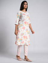 Off White Floral Printed Kurti Set