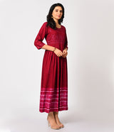 Beet Pink Long Kurti with Thread Work and Tie Dye Border