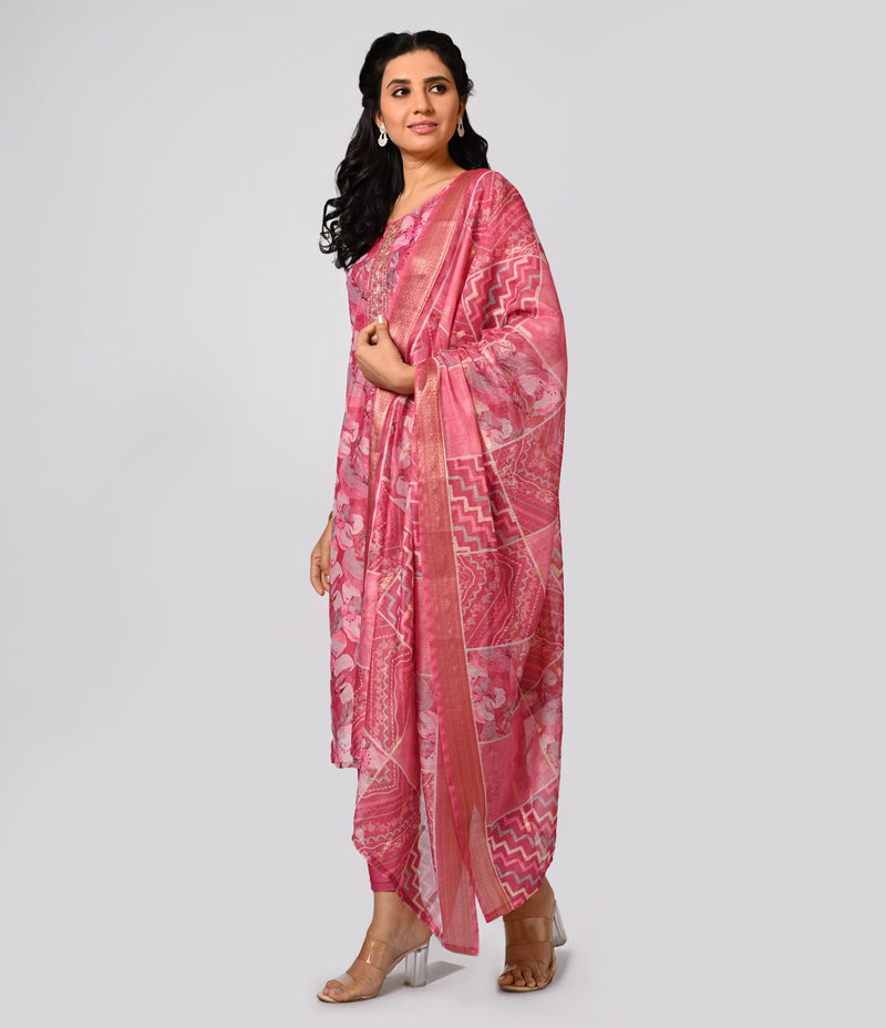 Pink Digital Printed Straight Cut Set with Dupatta