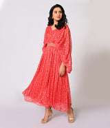 Vibrant Red Floral Printed Georgette Gown with Statement Sleeve