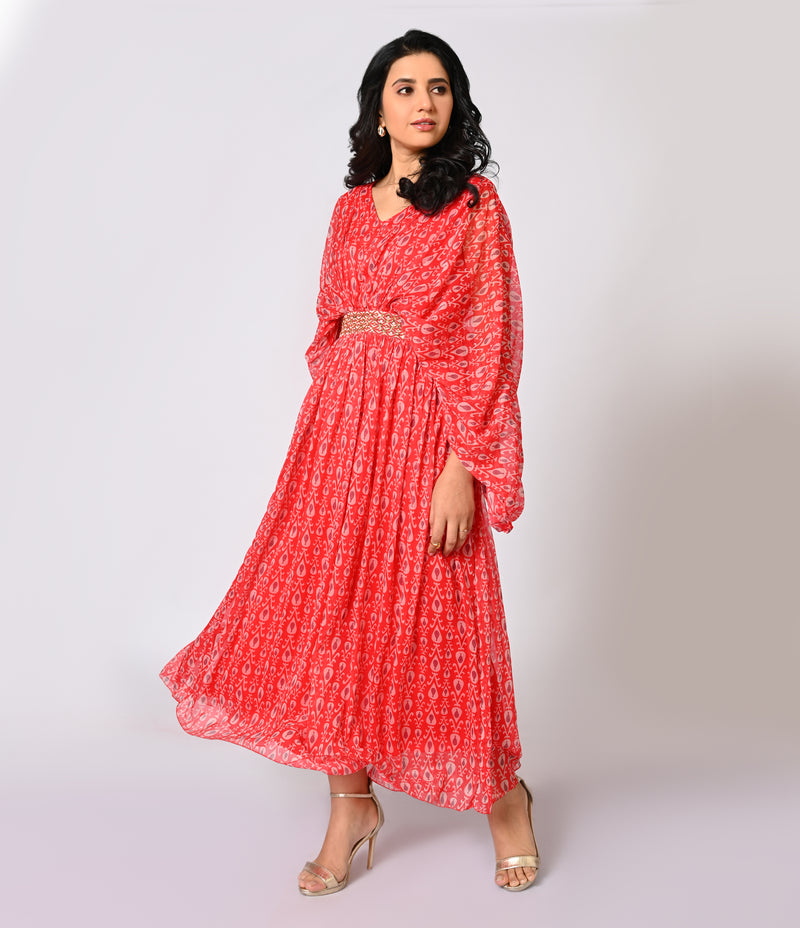 Vibrant Red Floral Printed Georgette Gown with Statement Sleeve