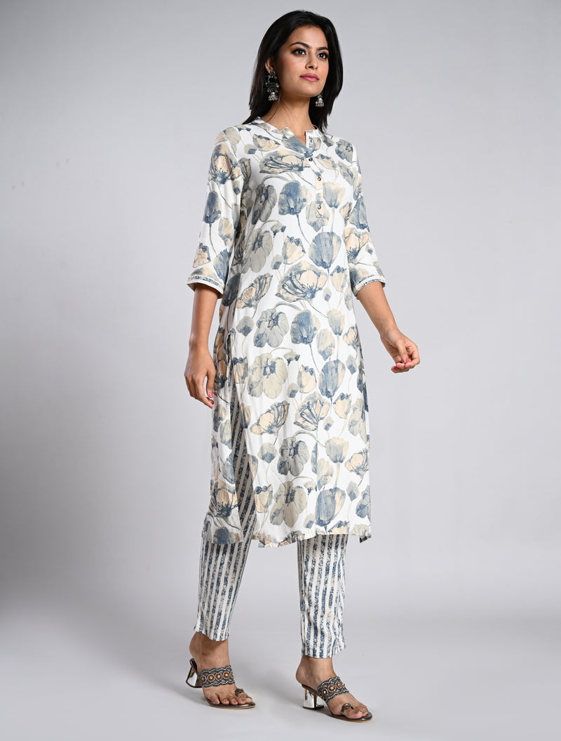 Tightly Floral Printed White Kurti Set with Dupatta