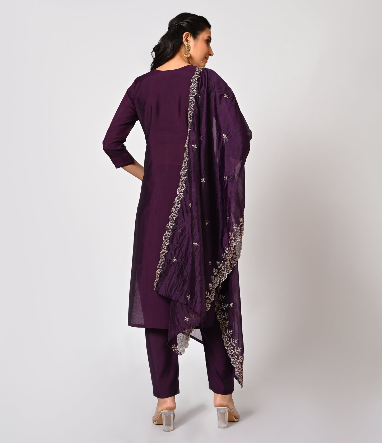 Purple Straight Cut Salwar Kameez Set with Organza Dupatta