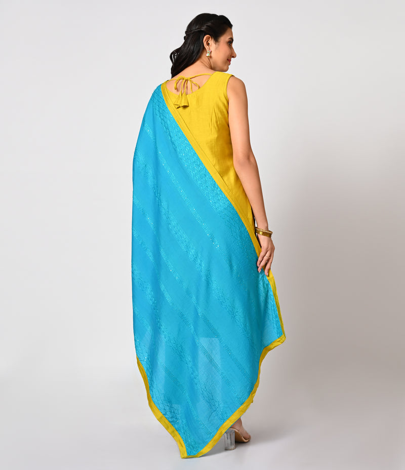 Lime Green Straight Cut Set with Contrast Blue Dupatta